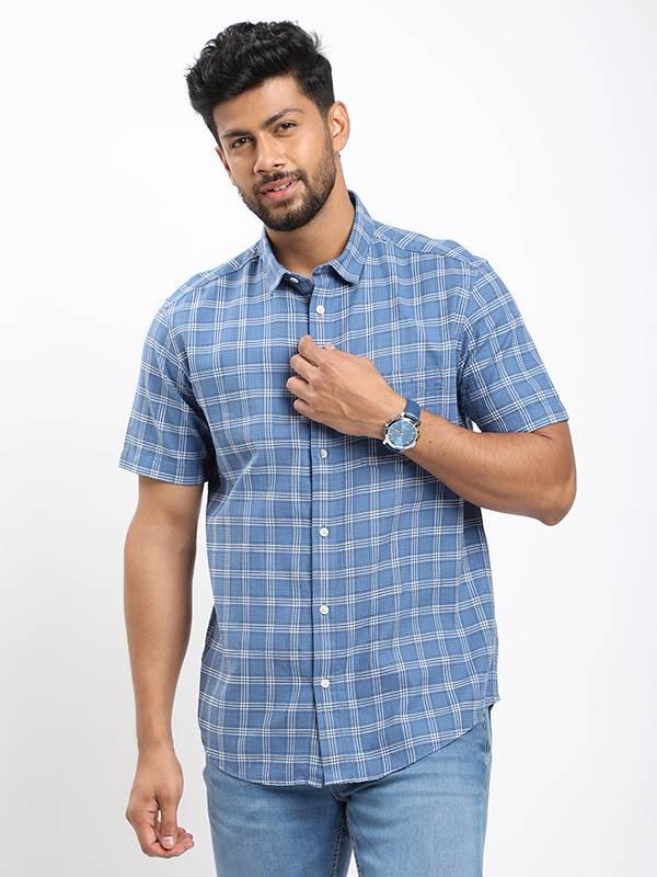 Men Checked Half Sleeve Cotton Shirt Blue S