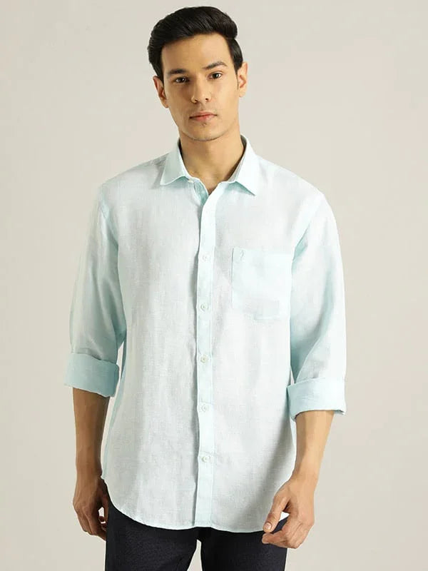 Men's Solid Full Sleeve Linen Shirt in Aqua