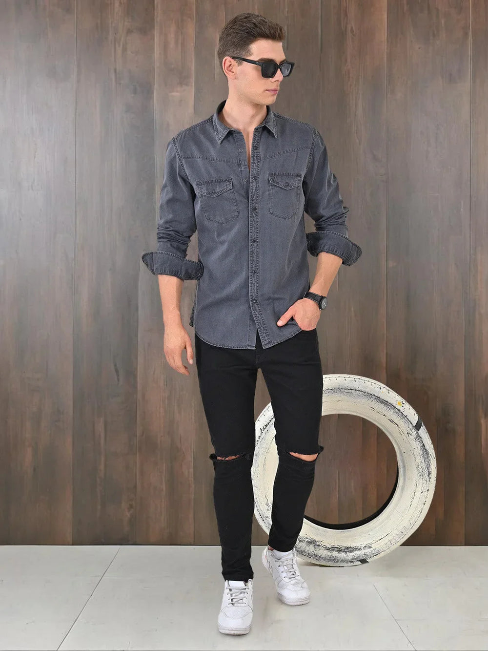 Grey Denim Shirt With Black Jeans Buy Men Solid Full Sleeve