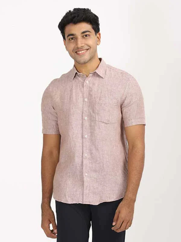 Men's Solid Half Sleeve Linen Shirt in Brown