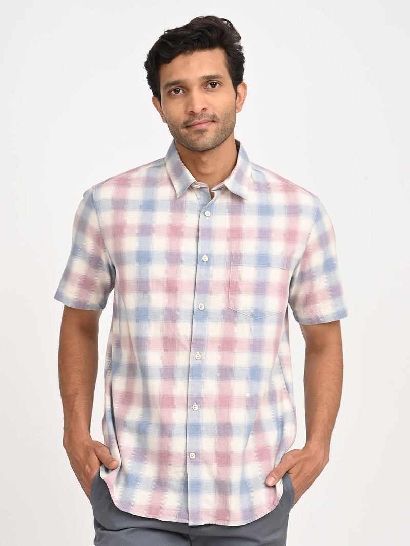 Men's Check Half Sleeve Cotton Shirt in Dust Pink Melange