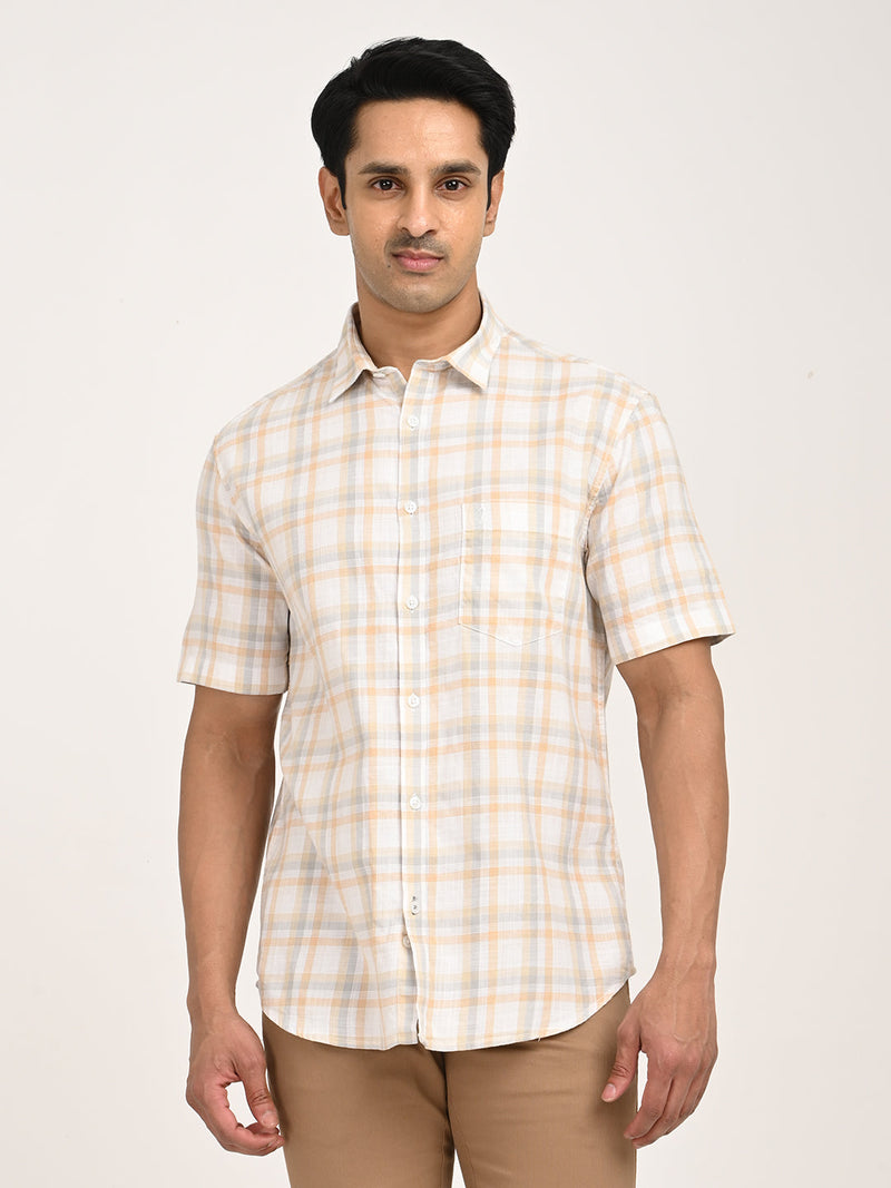 Men's Check Half Sleeve Cotton Shirt in Khaki