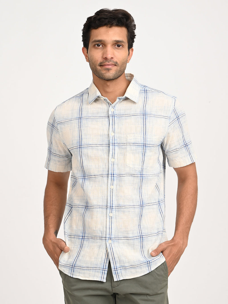 Men's Check Half Sleeve Cotton Blend Shirt in Blue