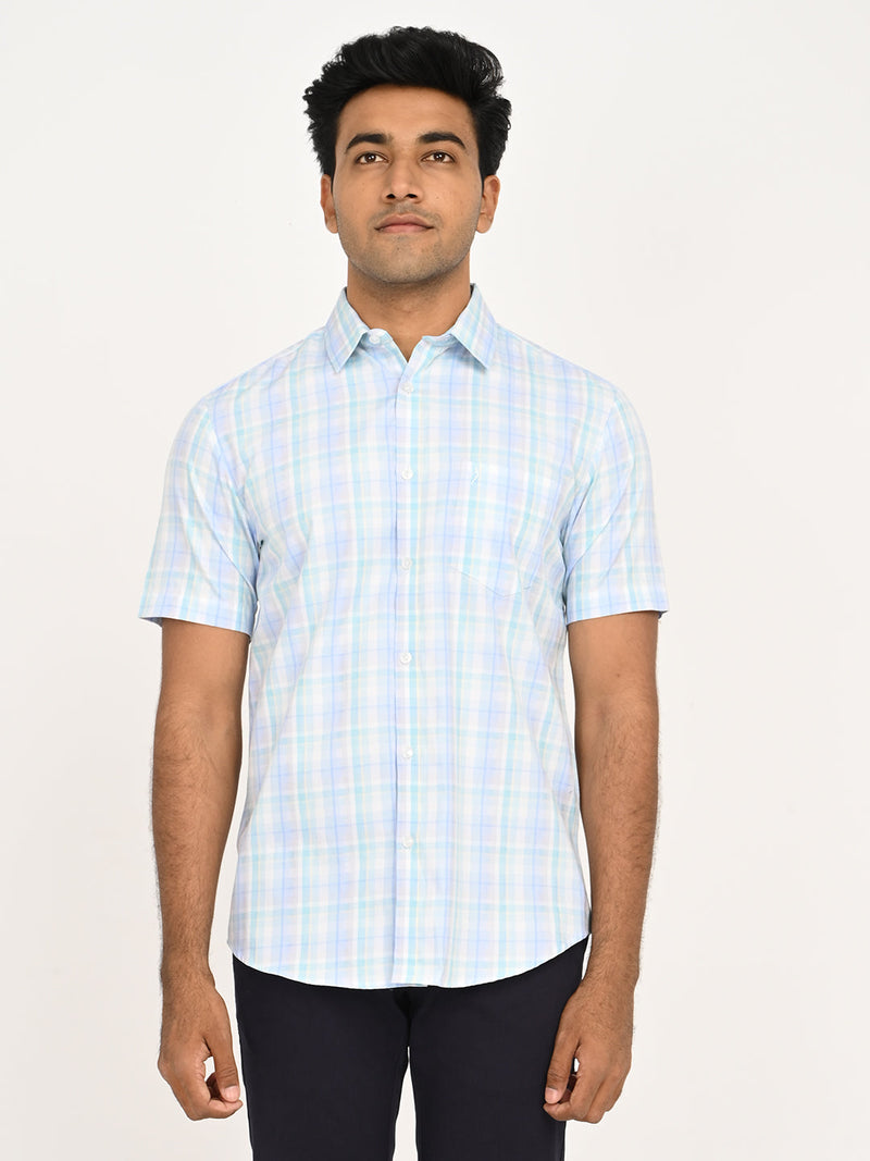 Men's Check Half Sleeve Cotton Shirt in Aqua