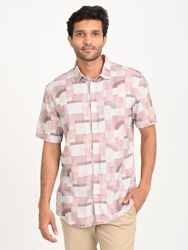Men's Printed Half Sleeve Viscose Blend Shirt in Dust Pink